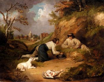 George Morland : Two Men Hunting Rabbits With Their Dog A Village Beyond